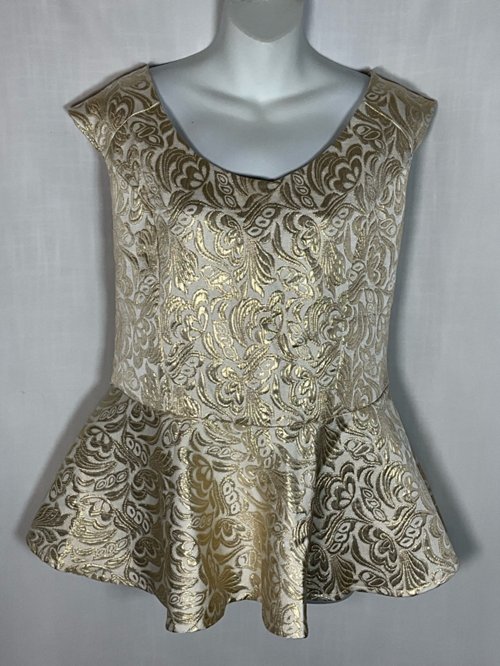 Ashley Stewart Top Size 14 Metallic Gold & Cream Peplum Lace-Effect Top